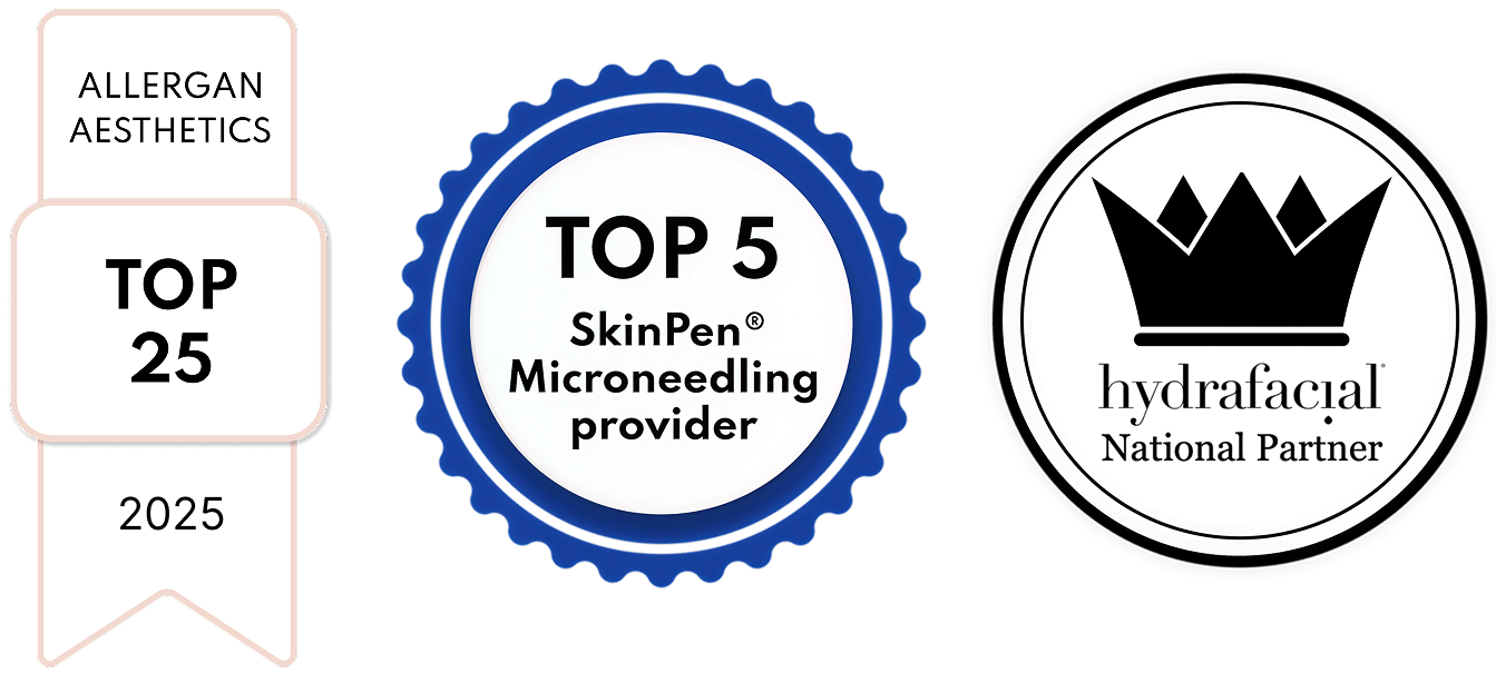 Three badges: “Top 25 Allergan Aesthetics 2025,” “Top 5 SkinPen Microneedling provider,” and “Hydrafacial Black Diamond Status” with a diamond icon in a circle.