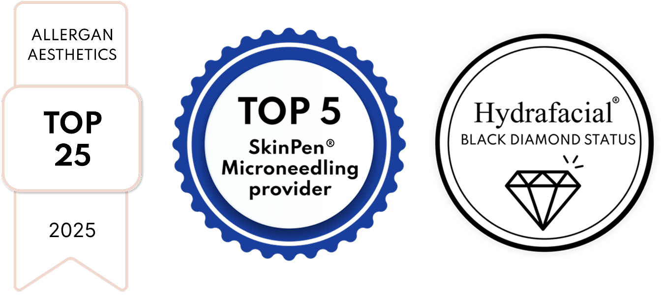 Three badges: “Top 25 Allergan Aesthetics 2025,” “Top 5 SkinPen Microneedling provider,” and “Hydrafacial Black Diamond Status” with a diamond icon in a circle.